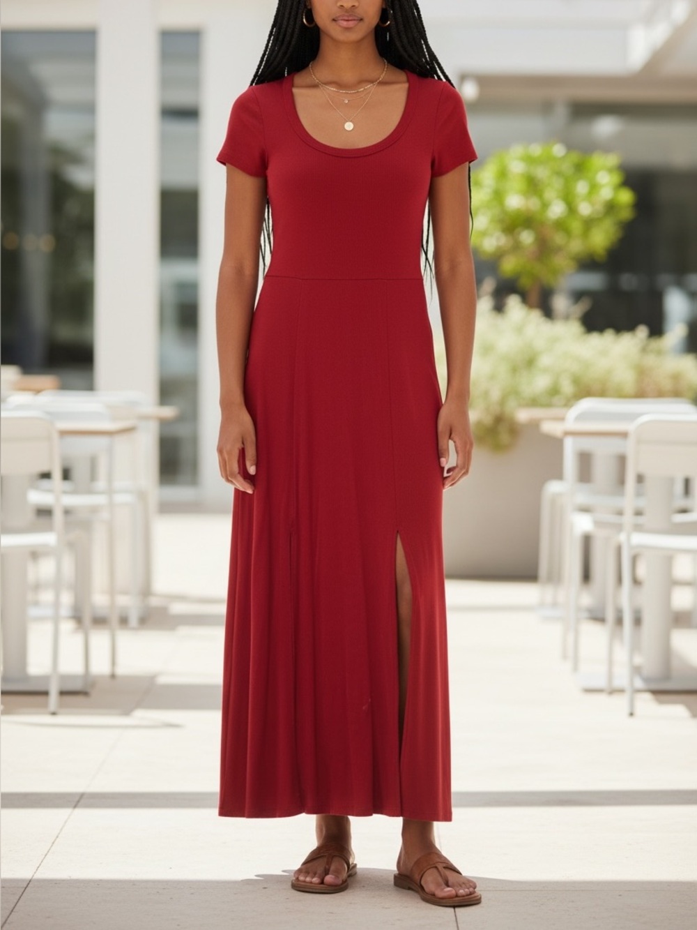 See You Monday Women's Red Short-Sleeve Stretch Fabric Maxi Dress with Side Slit